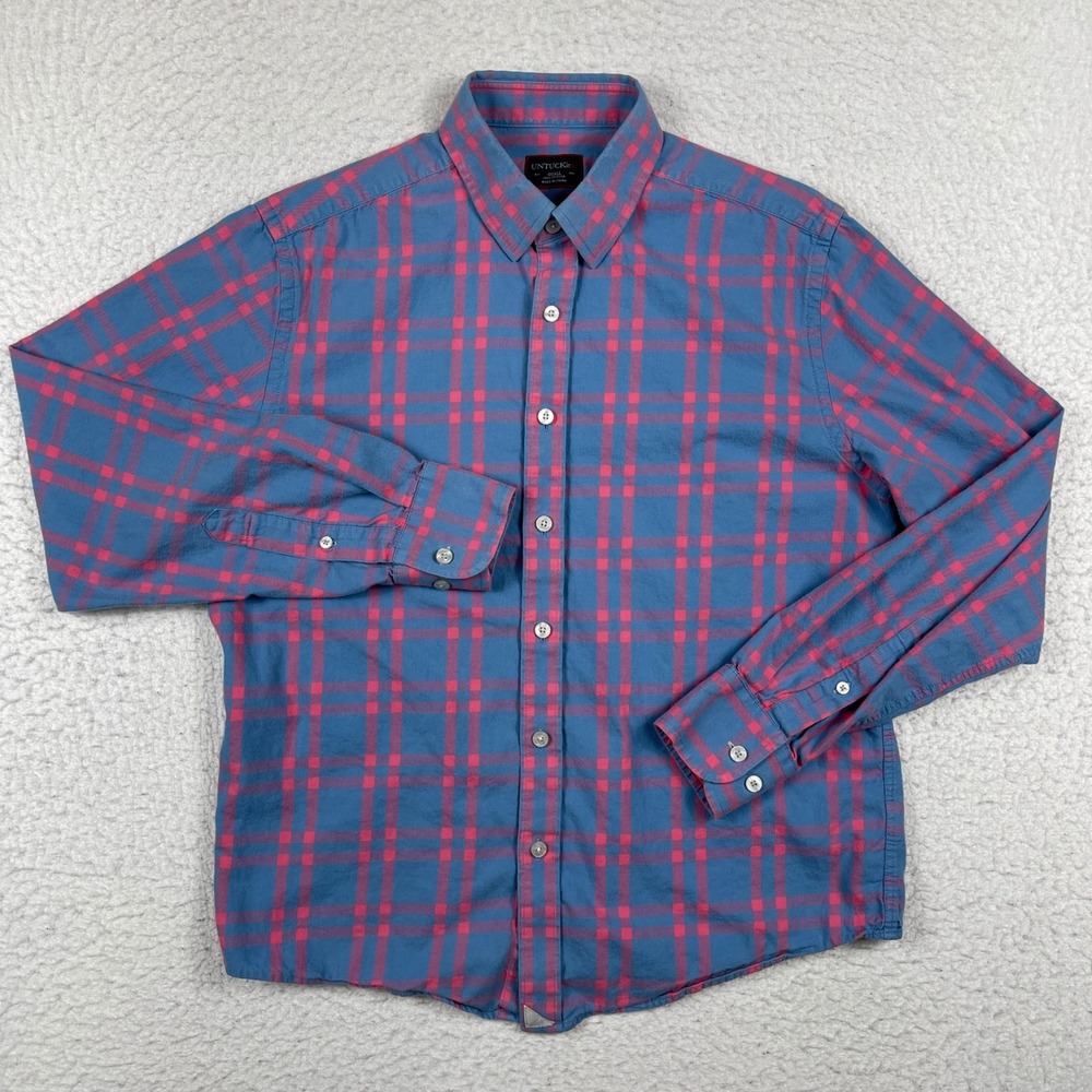 UNTUCKit Shirt Mens Small Blue Pink Plaid Flannel Cotton Button Down Long Sleeve - Picture 2 of 11